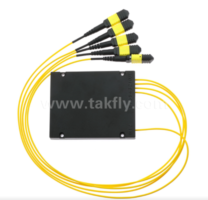 Divisor PLC SM MPO/MTP 1×4: modo único, configuración 1×4, entrada MPO a salida MPO, baja pérdida de inserción (≤7,2 dB), para cableado de centros de datos de alta densidad, sistemas preterminados y distribución FTTx