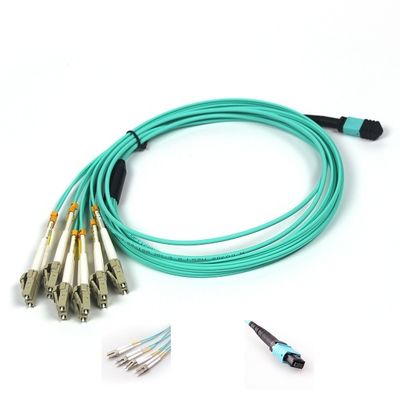 cable de fribra óptica MTP Jumper Aqua Jacket In Data Center del Fanout MPO de 12F LC milímetro