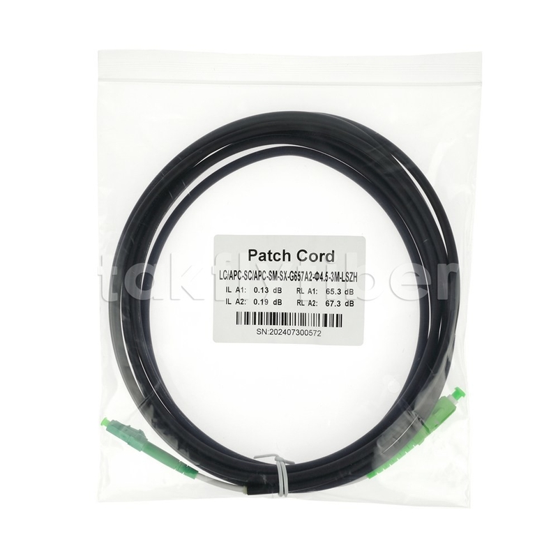 Grado de telecomunicaciones CPR Dca Certificado 4.5 mm doble de protección de fibra óptica patchcord SM G657AB3 LSZH chaqueta negra SCAPC a LCAPC