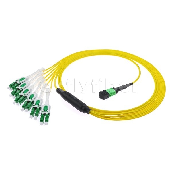 12F MPO-6x LC APC DX Uniboot SM Cordón de parche de fibra óptica con manga de níquel de 3,0 mm de diámetro