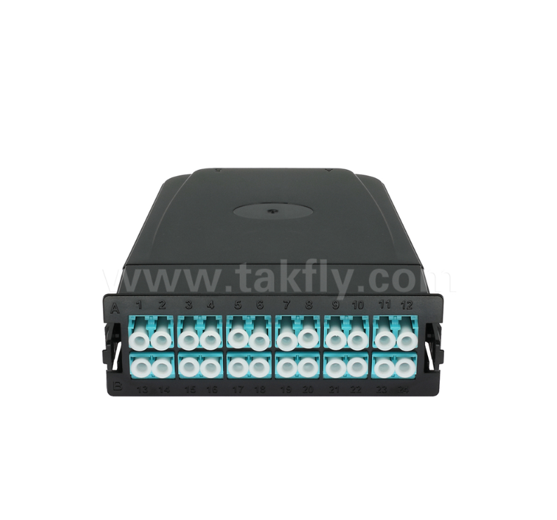 Módulo de casete preterminado MPO/MTP a LC: 12 o 24 núcleos, panel frontal dúplex LC, adaptadores traseros MPO dobles, Plug-and-Play para cableado de centro de datos de alta densidad