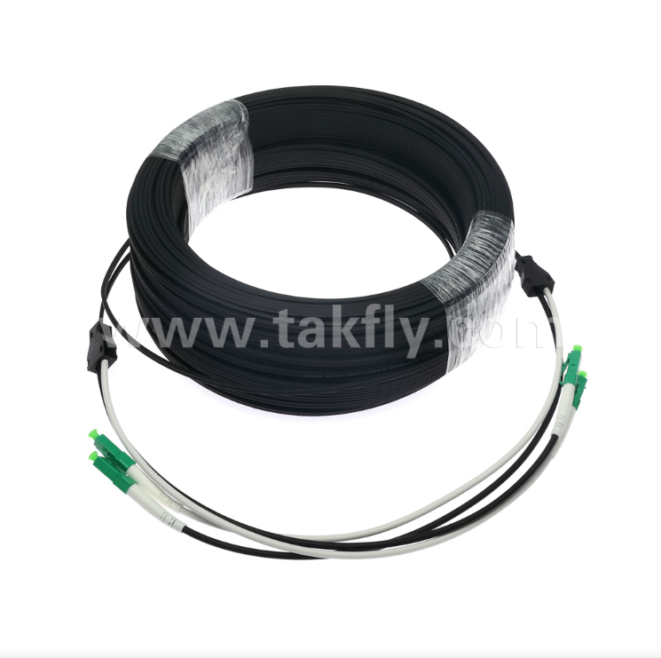 Cable de conexión plano LC/APC para acometida - 2 hilos dúplex, pre-conectorizado, antivibración, apto para interiores para un despliegue rápido de FTTH.