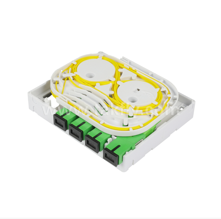 Caja de terminación de fibra FTTH TKS-1806-04D Mesa/montaje en pared, 4-puerto, interior, soporta empalme de fusión y gestión de cables